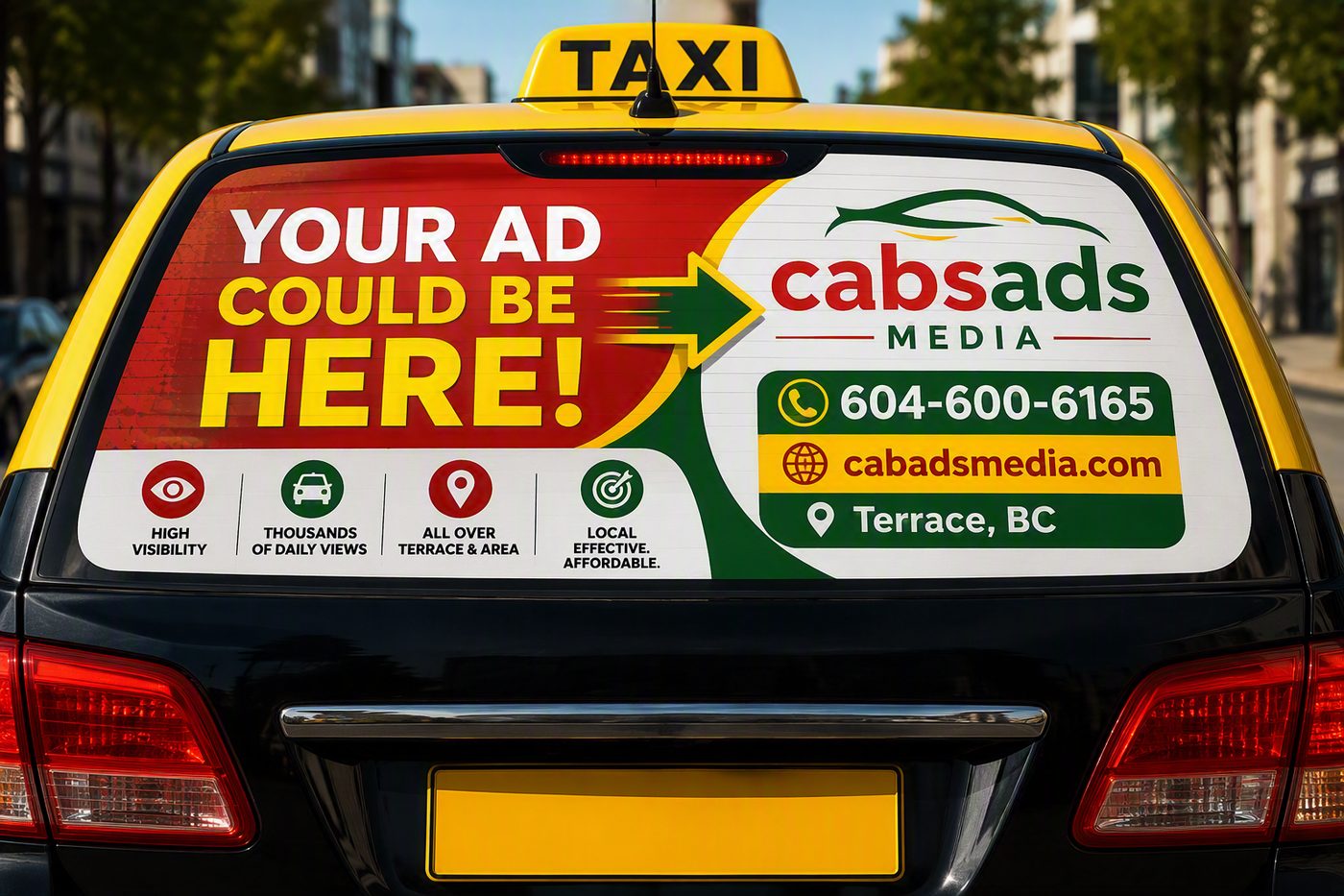 Perforated vinyl rear-window taxi advertisement in Terrace, BC